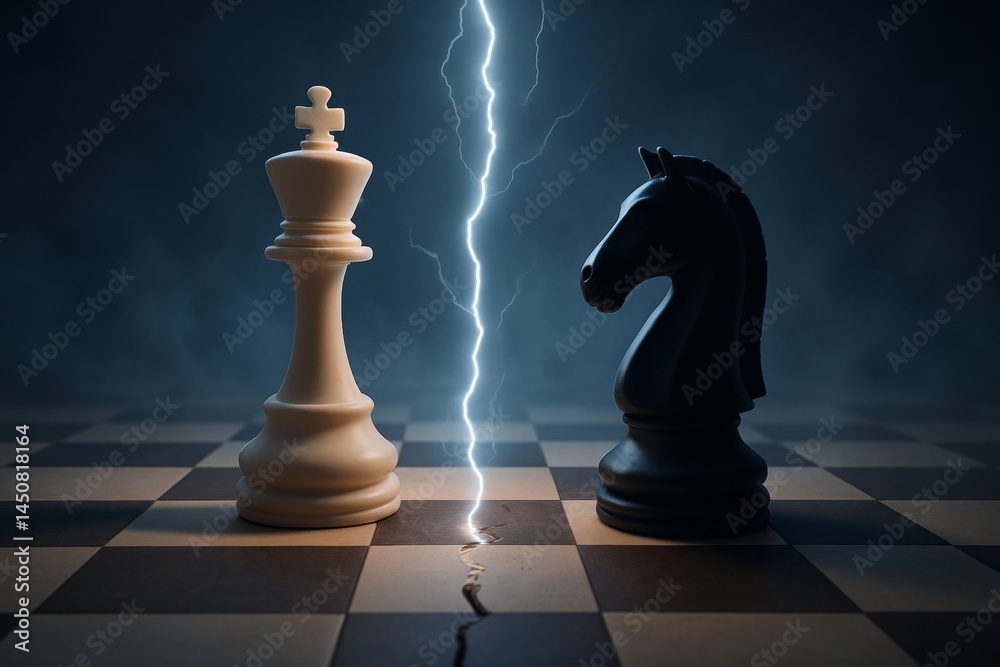 Lightning is striking a chessboard between a white king and a black knight, creating a crack on the board surface and symbolizing conflict, strategy, and challenge in a game