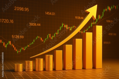 Gold bars and coins are increasing in value, depicted by a rising arrow against a stock market chart, symbolizing financial growth and investment success