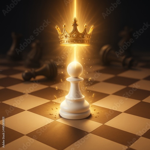 Golden crown hovering over a white pawn on a chessboard, illuminated by a ray of light, symbolizes success and transformation against a dark background