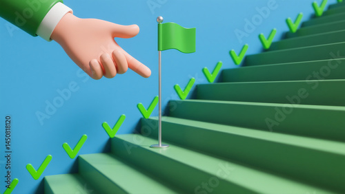 A hand gestures toward a green flag on a staircase with green checkmarks photo