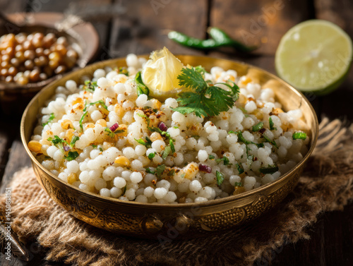 Indian Fasting Food – Sabudana Khichdi with Green Chilies and Coriander Garnish..