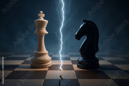 Obraz na płótnie Lightning is striking a chessboard between a white king and a black knight, creating a crack on the board surface and symbolizing conflict, strategy, and challenge in a game w salonie