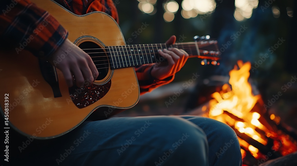Fototapeta premium Person playing acoustic guitar by a campfire at dusk.