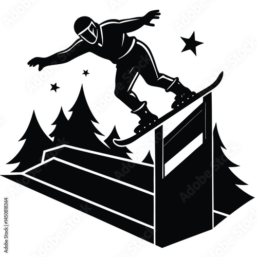 Snowboarder Performing Trick on Rail, Winter Sport Black and White Illustration