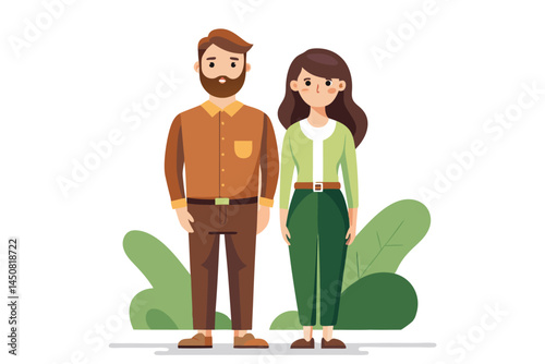 Cartoon couple stands together, brownhaired man and woman, with plants behind them