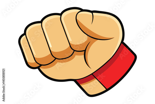 Cartoon fist with fair skin and a red sleeve stands ready on white