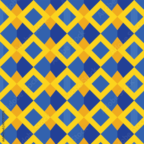 Vibrant blue and yellow geometric vector design forms a seamless retro tile pattern design
