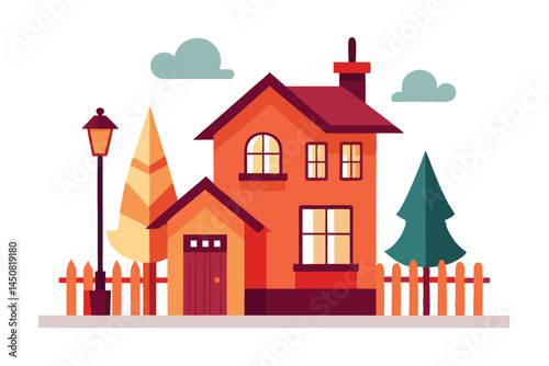Cartoon home features vibrant shades of orange, red, and green with a clean white background