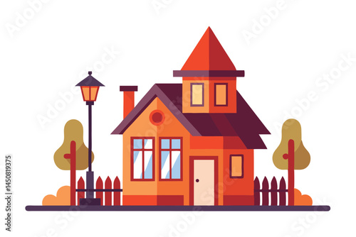 Cartoon house features orange walls, a red roof, chimney, and picket fence near a lamp post