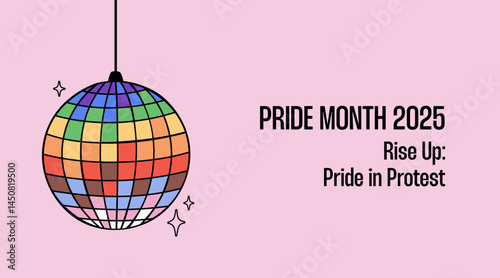 Pride month 2025 banner with theme text and color disco ball vector illustration. Poster to celebrate lgbtqia+ community rights.