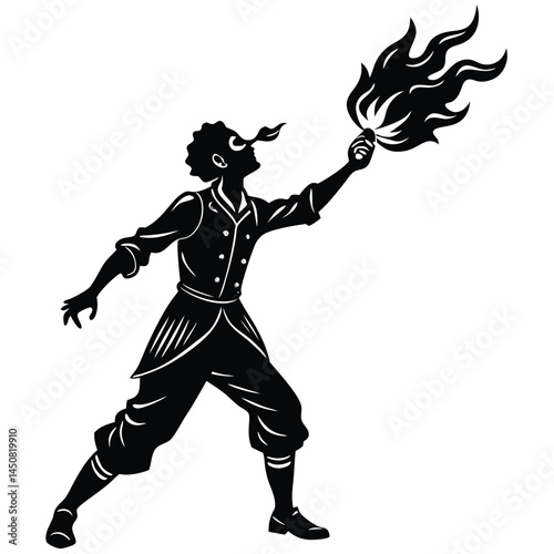 Silhouette of Fire Eater with Torch - Vintage Style Vector Illustration