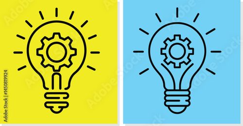 Light Bulb Icon with Gear Inside for Innovative Idea Concept, Bright Yellow and Sky Blue Background, Side-by-Side Comparison, Minimalist Design and Clean Vector Graphic Style