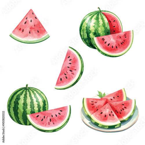 set of juicy bright watermelons for design and creativity, juicy fruits in watercolor style
