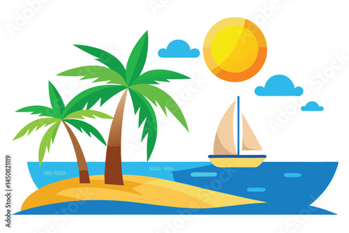 Cartoon summer beach shows palm trees, sunlight, ocean, sailboat and fluffy clouds