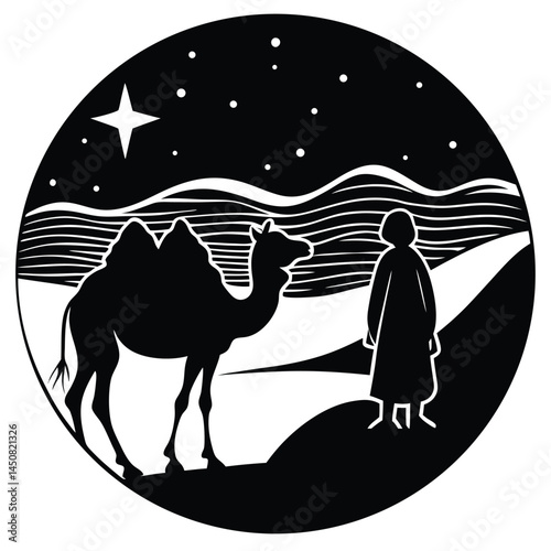 Nativity Scene Silhouette: Wise Man, Camel, Starry Night, Christmas Icon, Vector Art