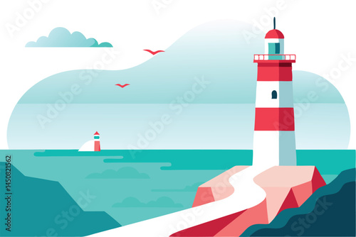 Coastal vista shows a red and white lighthouse beside the turquoise ocean waterscape