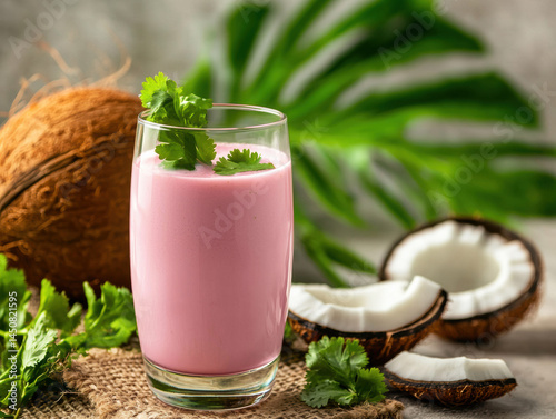 Chilled Sol Kadhi in Glass Garnished with Coriander on Rustic Table