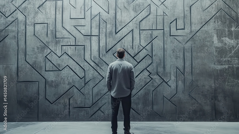 Back view of young businessman looking at maze and arrow sketch on concrete wall background. Solution, direction, way and challenge concept illustration Back view of young businessman looking at maze and arrow sketch on concrete wall background. Solution, direction, way and challenge concept illustration
