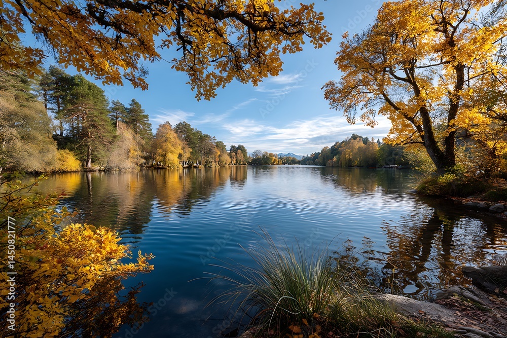 Fototapeta premium Calm lake with soft ripples, surrounded by trees with golden autumn leaves, creating a peaceful and serene environment.