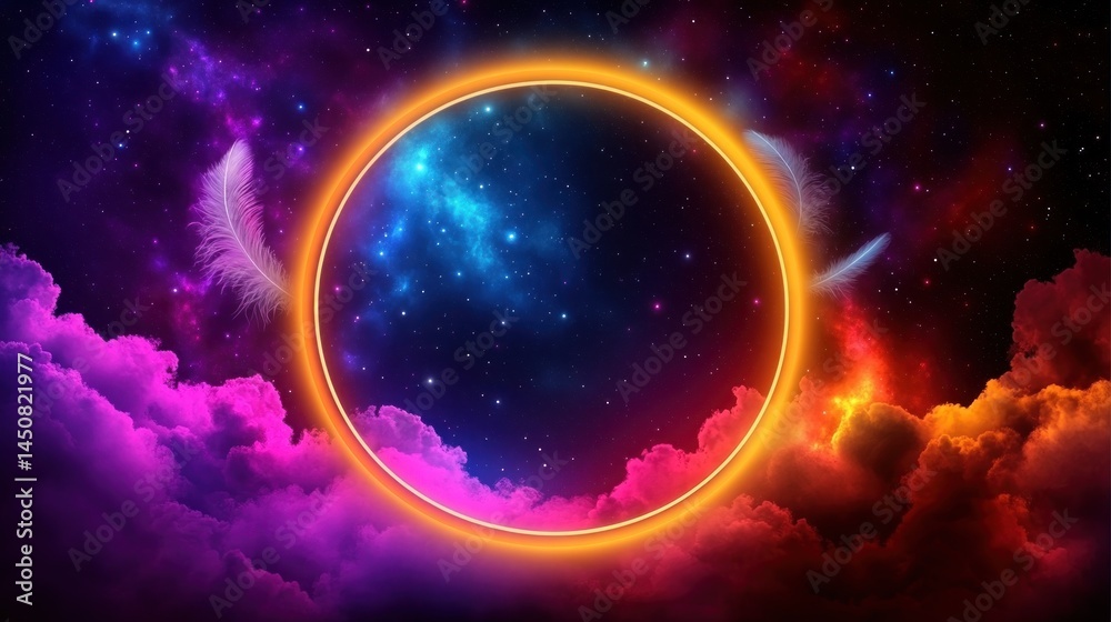 Fototapeta premium Cosmic nebula, glowing ring, feather, clouds; fantasy art background