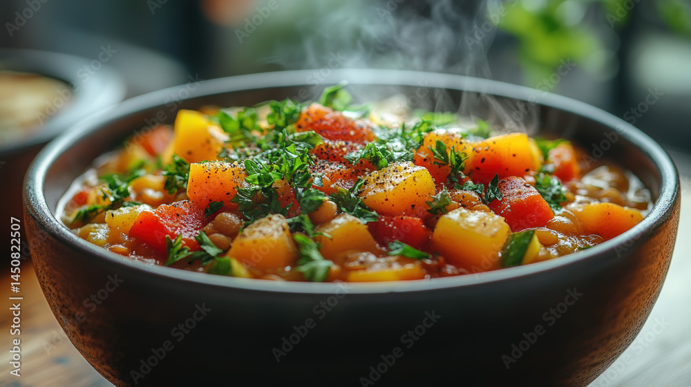 Steaming bowl of lentil soup with chopped tomatoes, carrots, and fresh parsley Steaming bowl of lentil soup with chopped tomatoes, carrots, and fresh parsley