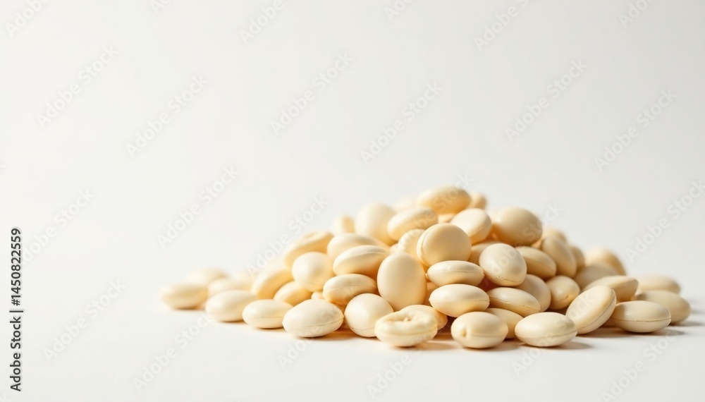 Pile of white beans against bright white backdrop, food, still life, kitchen Pile of white beans against bright white backdrop, food, still life, kitchen