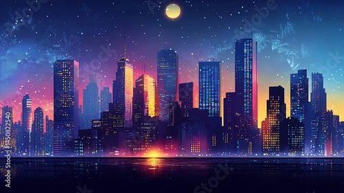 Night city skyline, moonlit waterfront, urban glow, tranquil scene, website banner