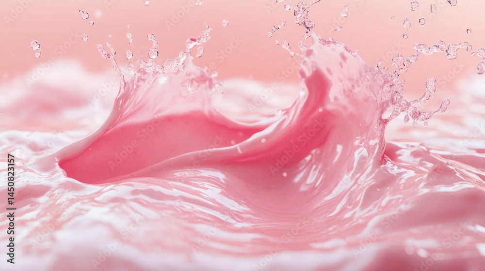 Pink liquid splash with waves and droplets against a soft pink background. Pink liquid splash with waves and droplets against a soft pink background.