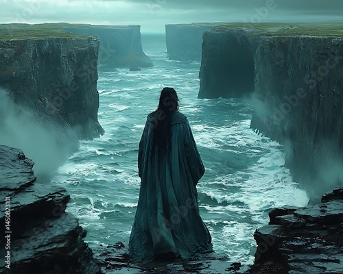 Figure in robe overlooking stormy sea between cliffs