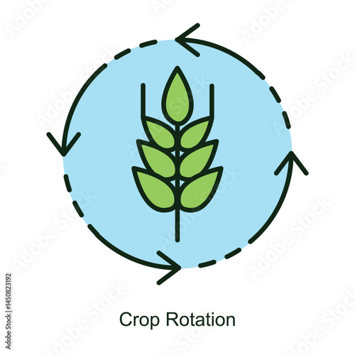 Vector icon for Crop Rotation with Circular Arrows and Wheat. Illustrates sustainable farming methods to maintain soil fertility and reduce pests.