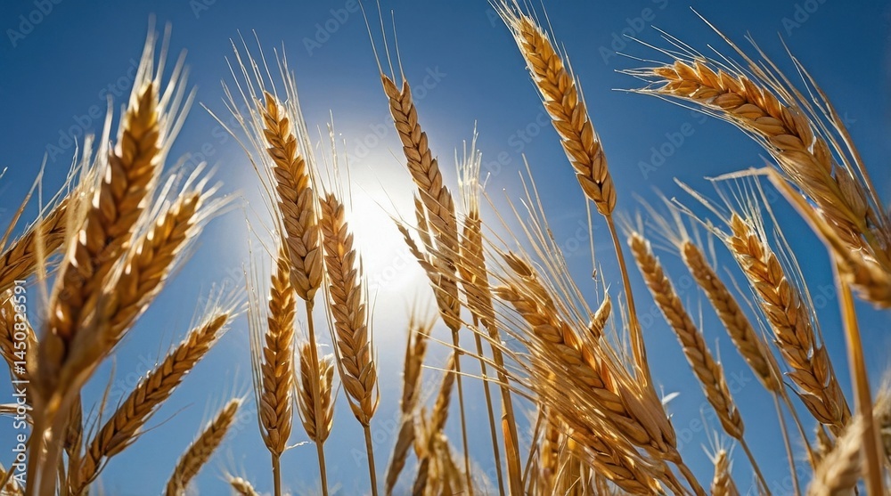 close-up photograph of several golden wheat stalks against a clear blue sky close-up photograph of several golden wheat stalks against a clear blue sky