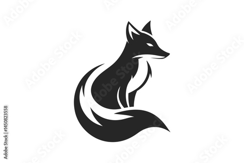 Elegant black fox sits gracefully with its bushy tail on a transparent background
