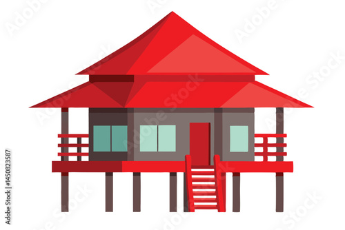 Elevated stilt house with red roof and steps stands against a plain background