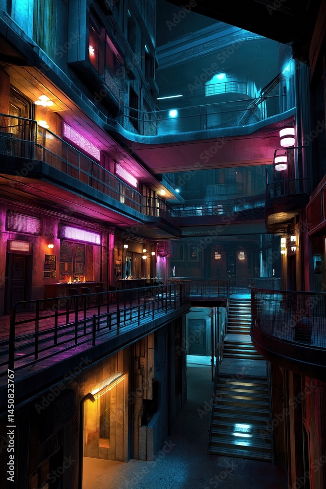 A neon lit building with a staircase leading up to it. The building is filled with neon lights and has a futuristic feel to it A neon lit building with a staircase leading up to it. The building is filled with neon lights and has a futuristic feel to it