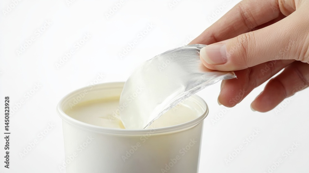 A hand peeling the lid off a yogurt container, close up. The foil separates with a slight resistance. A faint suction sound follows as it releases. White background A hand peeling the lid off a yogurt container, close up. The foil separates with a slight resistance. A faint suction sound follows as it releases. White background