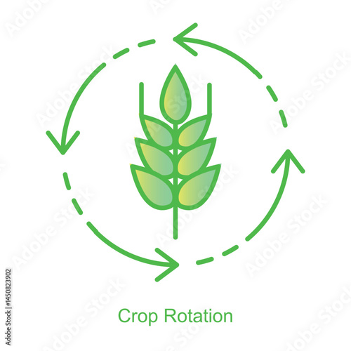 Vector icon for Crop Rotation with Circular Arrows and Wheat. Illustrates sustainable farming methods to maintain soil fertility and reduce pests.