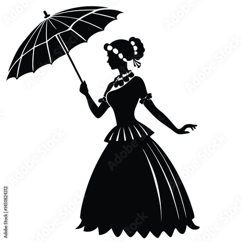 Victorian Lady Silhouette with Parasol: Elegant Woman in Historical Dress Illustration