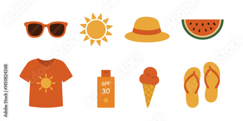 Collection of colorful flat icons representing summer essentials like sunglasses, sun, hat, ice cream, sunscreen, and flip flops. Vector illustration
