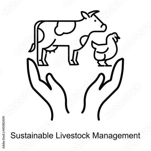 Vector icon for Sustainable Livestock Management with Cow and Chicken in Hands. Highlights responsible farming practices for animal welfare and environmental conservation.