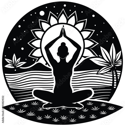 Yoga Meditation Silhouette Art: Lotus Pose, Nature Landscape Vector Illustration