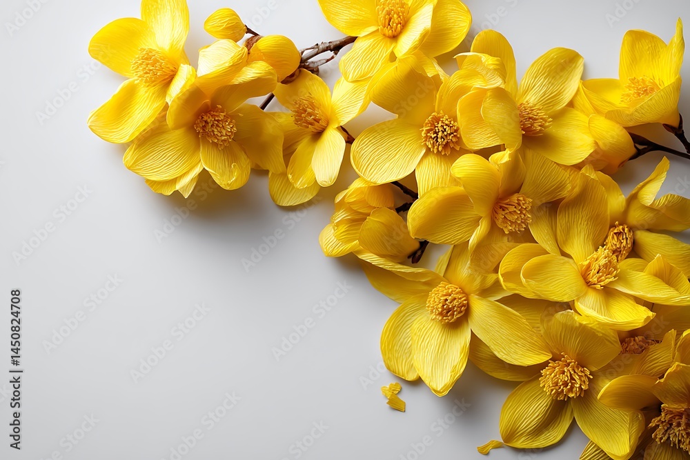 Obraz premium A background of yellow flowers on a white background, isolated with space for text.