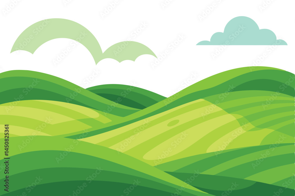 Fototapeta premium Fresh green hills roll peacefully beneath a cloudy sky, offering a serene abstract vista