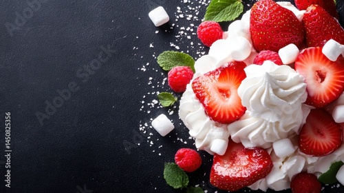 An enticing arrangement of strawberries and whipped cream artfully displayed on a black background, highlighting their vibrant colors and appealing textures.