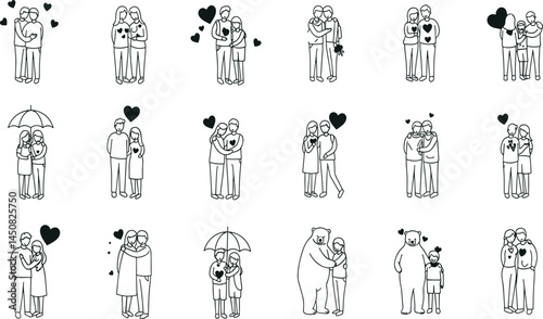 Hugs, line icon set. Vector pictograms of family, couple embraces, pet affection, symbolic support, comforting