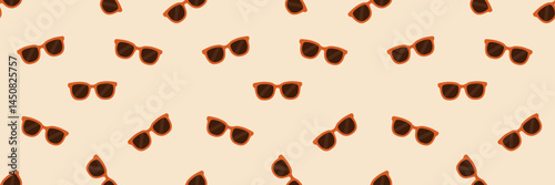 Repeating summer-themed pattern featuring orange sunglasses with dark lenses on a light beige background, ideal for seasonal designs. Vector illustration