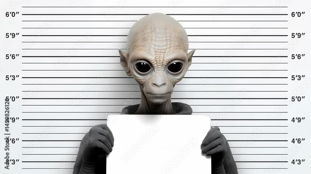 Gray alien with large eyes standing against height measurement ...
