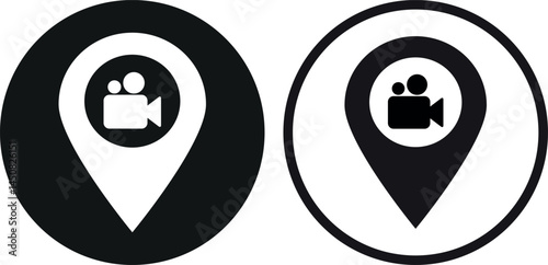 Video camera location pin icon set in two styles . Camera map pointer icon . Vector illustration
