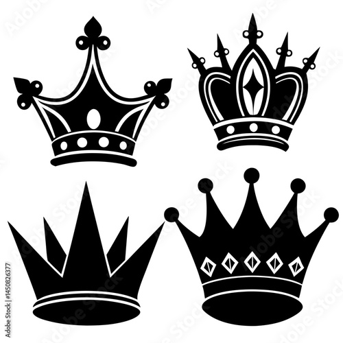 A golden set of royal crowns, including king and queen icons, a vector illustration of luxury heraldic symbols for princess and prince designs