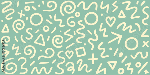 Playful hand-drawn beige doodles and geometric shapes on a muted green background, ideal for creative, retro, and decorative designs. Vector illustration