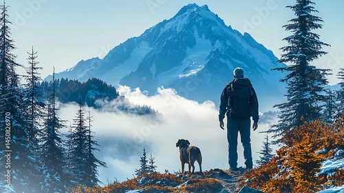 Man and dog admire mountain vista